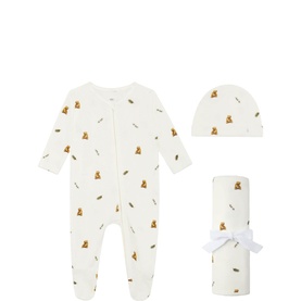 Rosa & Blue Sleep Bundle Three-Piece Gift Set in white with brown bear print; includes zip sleepsuit, baby hat, and blanket with white bow