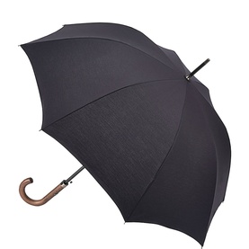 Fulton Mayfair 1 Umbrella in black with classic wooden crook handle, grained canopy detail, and eight-rib frame, shown open