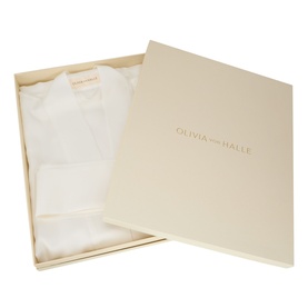 Olivia von Halle Ivory Core silk robe folded in branded cream gift box with lid