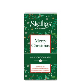 Skelligs Chocolate Co. Merry Christmas Milk Chocolate Bar 75g in green festive packaging with holly and berry design