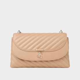 Jimmy Choo Curve Medium Quilted Crossbody Bag in beige leather with diagonal quilting, gold-tone JC monogram clasp and chain strap