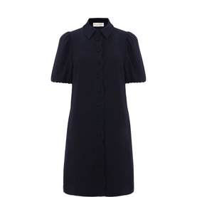 Phase Eight Candice Scallop Mini Shirt Dress in blue with puff sleeves, scallop trim detail and button-front placket