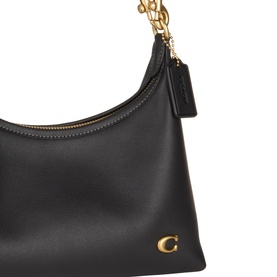 Coach black leather shoulder bag with gold-tone chain strap and signature C logo hardware, zip closure detail