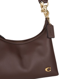 Coach maple leather shoulder bag with gold-tone chain strap, clasp hardware and signature C logo charm detail