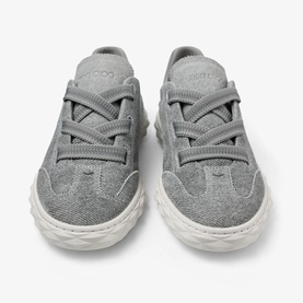 Jimmy Choo Diamond Light Flex Trainers in dove grey denim suede mix, lace-up style with chunky white rubber sole, top-down view