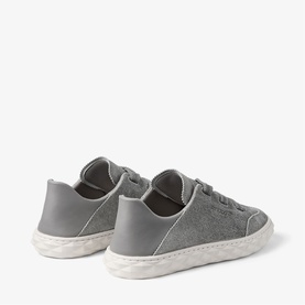 Jimmy Choo Diamond Light Flex Trainers in dove grey denim suede mix, lace-up style with white flexible rubber sole, rear three-quarter view