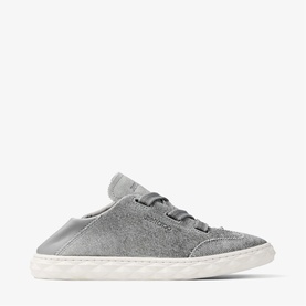 Jimmy Choo Diamond Light Flex Trainers in dove grey denim suede mix, lace-up style with collapsible back and white flexible sole