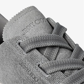 Jimmy Choo Diamond Light Flex Trainers in dove grey denim suede mix, close-up of lace-up fastening and textured upper