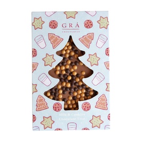 Gra Milk and Cookies Chocolate Tree 100g, milk chocolate Christmas tree shape studded with golden cocoa and biscuit bites in festive illustrated box