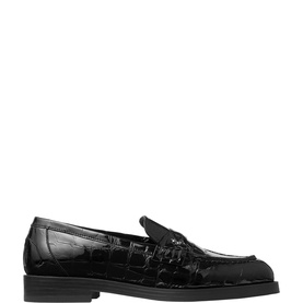 Jimmy Choo Ivy Croc-Embossed Loafers in black patent croc-embossed leather with JC monogram detail and stacked heel