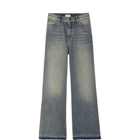 Zadig Eli Straight Leg Jeans in blue, wide-leg cut, faded wash, raw hem, multi-pocket, 100% cotton denim