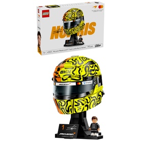 Lego McLaren Norris helmet buildable set in multi-coloured yellow and black design, shown with box and mini figurine