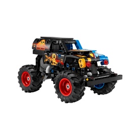 LEGO Technic Monster Jam Grave Digger Fire and Ice truck, multi-coloured build with red wheels, flame graphics and pull-back action, 263 pieces