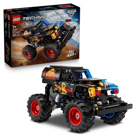 LEGO Technic Monster Jam Grave Digger Fire and Ice pull-back truck, 263 pieces, black with flame details and oversized red wheels