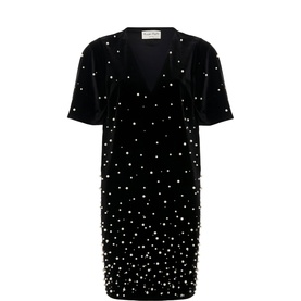 Phase Eight Pennie Pearl Velvet Mini Dress in black with scattered pearl embellishment, short sleeves, and V-neckline