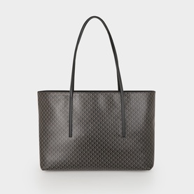 Calvin Klein Monogram Logo Tote Bag in black with all-over monogram pattern, dual carry handles, open top, and gold-tone hardware