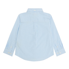 Gant children's sky blue and white striped cotton shirt, back view, long sleeves with buttoned cuffs and rear yoke detail.