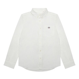 Gant Shield Pocket Shirt in white, button-down collar, long sleeves, chest pocket with embroidered shield logo, curved hemline