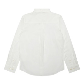Gant Shield Pocket Shirt in white, back view showing box pleat, locker loop, long sleeves, single cuffs and curved hemline