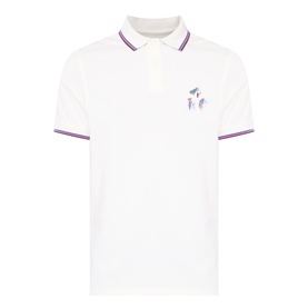 Barbour Lure Logo Polo Shirt in Whisper White with purple and pink tipped collar and cuffs, lure embroidery on chest, button placket