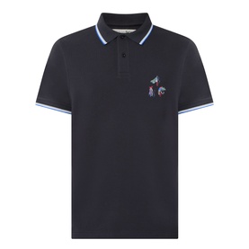 Barbour Lure Logo Polo Shirt in Dark Navy with light blue tipped collar and cuffs, fishing lure embroidery on chest, short sleeves