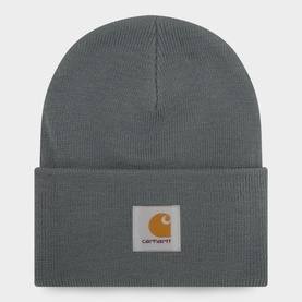 Carhartt grey ribbed knit beanie with folded cuff and signature logo patch in brown and white.