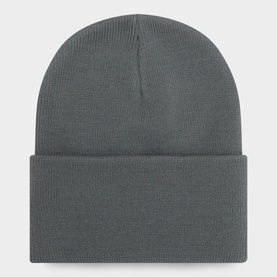 Grey knitted beanie hat with ribbed folded cuff, plain finish, no branding visible