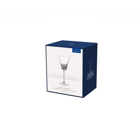 Villeroy & Boch Grand Royal White Wine Goblet Set of Two, clear crystal glass, shown in navy blue gift box packaging