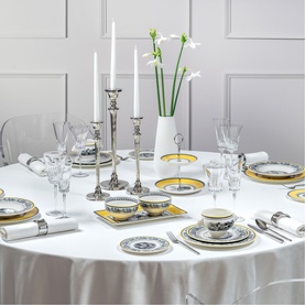 Villeroy & Boch Grand Royal White Wine Goblet Set of Two, clear crystal, styled on a formal dining table with blue and gold tableware