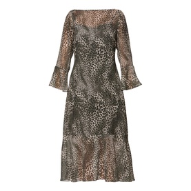Helen McAlinden Ezra Leopard Print Dress in multi, midi length with long fluted sleeves and ruffle hem, no model