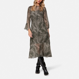 Model wearing Helen McAlinden Ezra Leopard Print Dress in multi, sheer midi length with fluted sleeves, styled with black knee-high boots