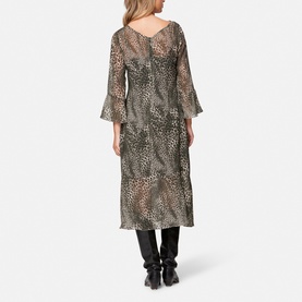 Model wearing Helen McAlinden Ezra Leopard Print Dress in multi, back view, with black flared sleeves, styled with black boots