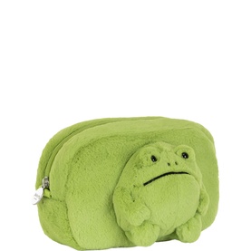 Jellycat green fluffy frog-shaped zip pouch with embroidered face detail, plush textured fabric, compact rectangular form