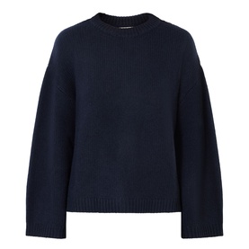 Soft Goat navy cashmere crew neck sweater with ribbed cuffs, hem and neckline, wide sleeves and relaxed boxy fit.