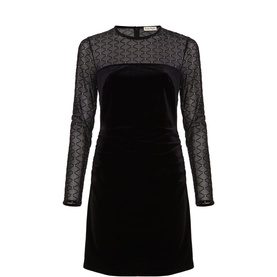 Phase Eight Amberose Mini Dress in black, featuring velvet fabric, semi-sheer lace yoke, long sleeves, and mini length