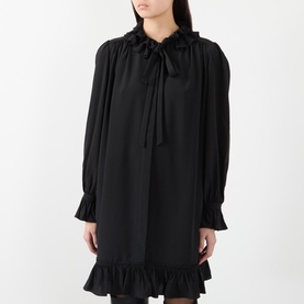 Ruffle Trim Silk Mini Flared Dress