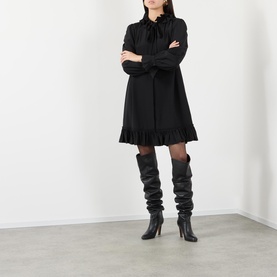 Ruffle Trim Silk Mini Flared Dress