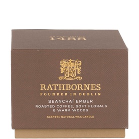 Rathbornes Seancha&iacute; Ember Classic Candle in dark brown gift box with gold brand crest and typography detailing