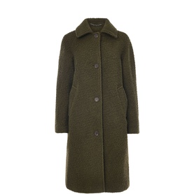 Whistles Romy Boucle Coat in green, midi length with collared neckline, button fastening, and textured wool-blend fabric