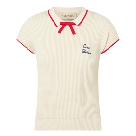 Bow Appliqu&eacute; Ribbed Polo Sweater