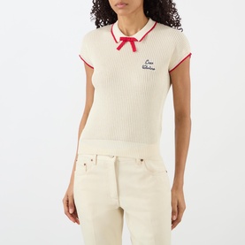 Bow Appliqu&eacute; Ribbed Polo Sweater