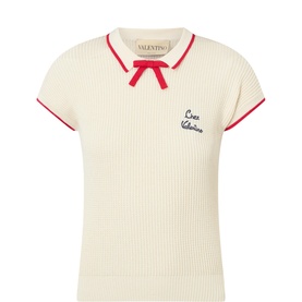 Bow Appliqu&eacute; Ribbed Polo Sweater