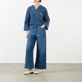 V Logo High-Rise Wide Leg Jeans