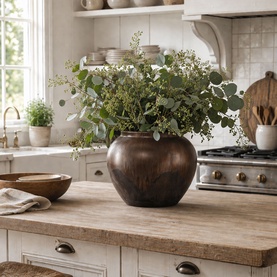 Mindy Browne Orna Large Vase in brown ceramic, styled on a wooden kitchen counter with eucalyptus and foliage arrangement