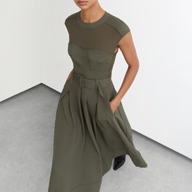 Ava Mesh Panel Pleated Flared Dress