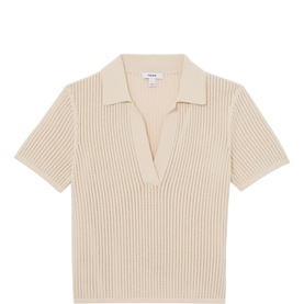 Reiss Pippa Open Stitch Knitted Polo Shirt in white, open-stitch ribbed knit, V-neck polo collar, short sleeves