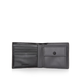 Calvin Klein Bold Logo Billfold Wallet in black leather, open view showing card slots, coin compartment with snap button closure