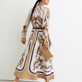 Ellie Foulard-Print Tie-Neck Flared Dress