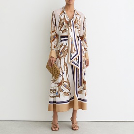 Ellie Foulard-Print Tie-Neck Flared Dress