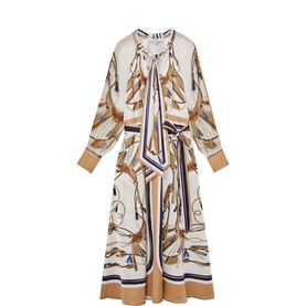 Ellie Foulard-Print Tie-Neck Flared Dress